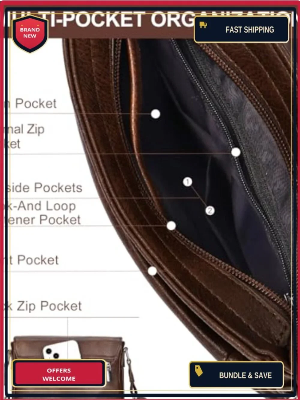 Men's Crossbody Bag Vegan Leather Messenger Adjustable Strap Tablet Work Travel